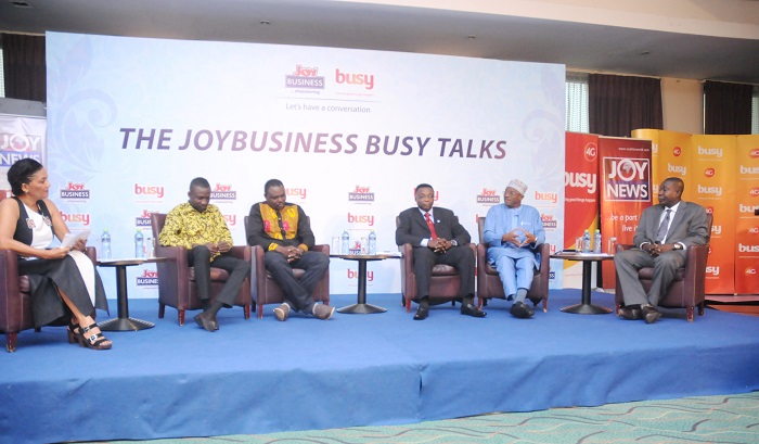 Dr Alhassan Ahmed Yakubu (2nd right), Deputy Minister of Food and Agriculture, making a point at the Joybusiness busy talk held in Accra. With him are from left, Ms Dede  Amanor Wilk, Moderator; Mr David Asiamah, Agro Mindset; Mr Selorm Branttie, Dr Charles Tortoe, Head of Food Technology Research Division, CSIR, and Dr Baah Boateng. Picture: EMMANUEL ASAMOAH ADDAI